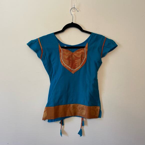 Indian Kaftan 8 short sleeve blouse traditional formal metallic crystal green - Picture 1 of 7